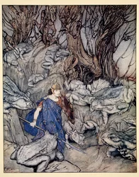 Im gegabelten Tal, in das er bei Einbruch der Nacht rutschte, war er von riesigen Kröten umgeben, Illustration aus 